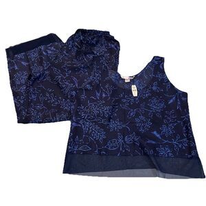 Victoria’s Secret 100% Silk Set Tank Pants Navy Floral Lace Trim NWT Size Large